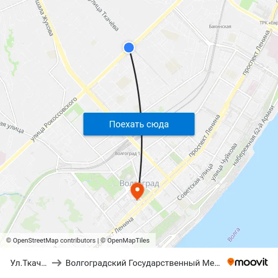Ул.Ткачева (А) to Волгоградский Государственный Медицинский Университет map