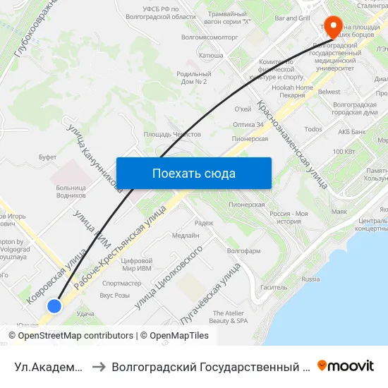 Ул.Академическая (Б) to Волгоградский Государственный Медицинский Университет map