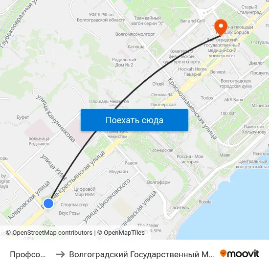 Профсоюзная (Б) to Волгоградский Государственный Медицинский Университет map