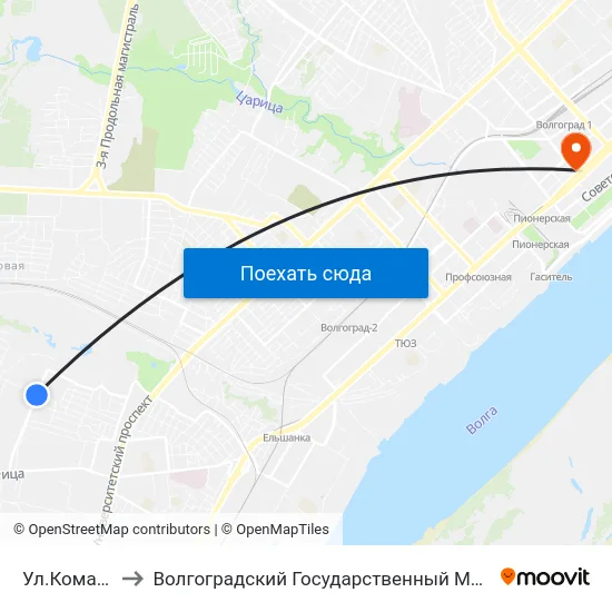 Ул.Комарова (А) to Волгоградский Государственный Медицинский Университет map