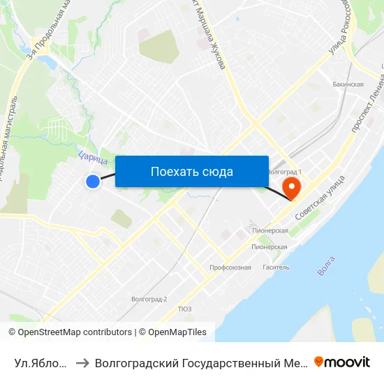 Ул.Яблочная (Б) to Волгоградский Государственный Медицинский Университет map