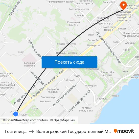 Гостиница Южная to Волгоградский Государственный Медицинский Университет map