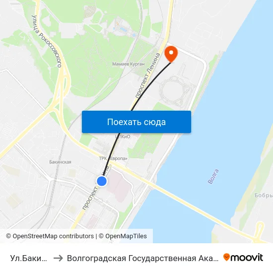 Ул.Бакинская (А) to Волгоградская Государственная Академия Физической Культуры map