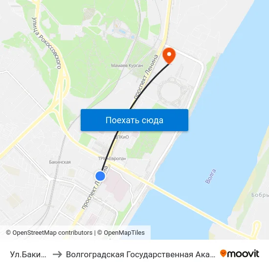 Ул.Бакинская (Б) to Волгоградская Государственная Академия Физической Культуры map