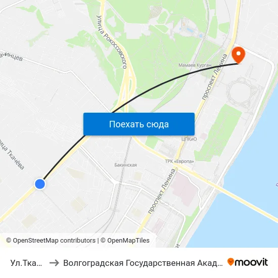 Ул.Ткачева (А) to Волгоградская Государственная Академия Физической Культуры map