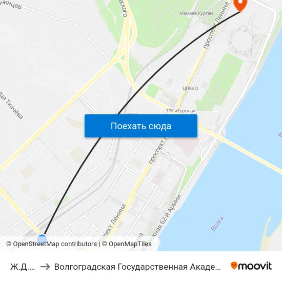 Ж.Д.В. (A) to Волгоградская Государственная Академия Физической Культуры map