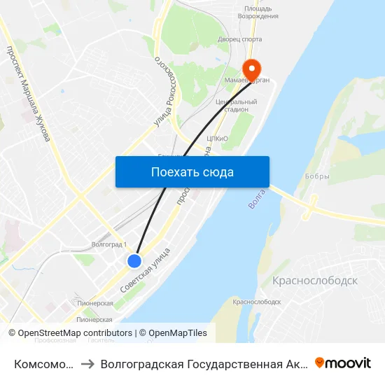 Комсомольская (Б) to Волгоградская Государственная Академия Физической Культуры map