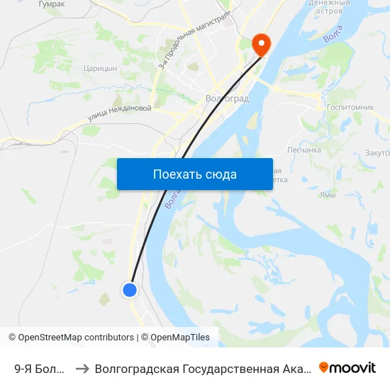 9-Я Больница (Б) to Волгоградская Государственная Академия Физической Культуры map