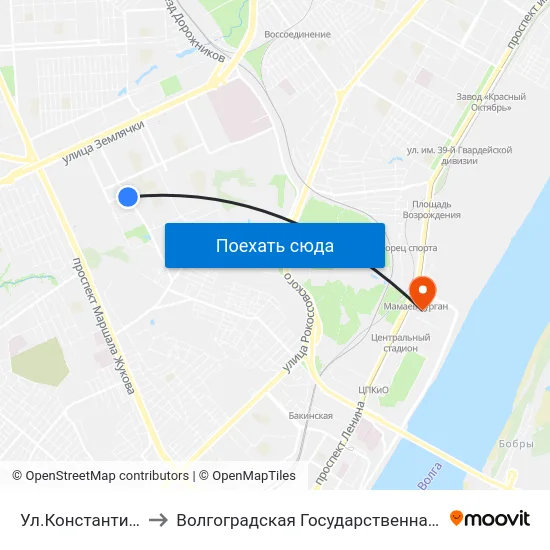 Ул.Константина Симонова (А) to Волгоградская Государственная Академия Физической Культуры map