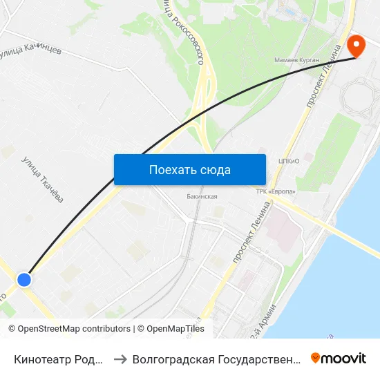 Кинотеатр Родина (По Требованию) to Волгоградская Государственная Академия Физической Культуры map