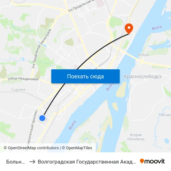 Больница №7 to Волгоградская Государственная Академия Физической Культуры map