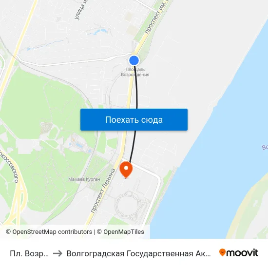 Пл. Возрождения to Волгоградская Государственная Академия Физической Культуры map