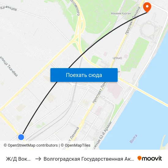 Ж/Д Вокзал (Мост) to Волгоградская Государственная Академия Физической Культуры map