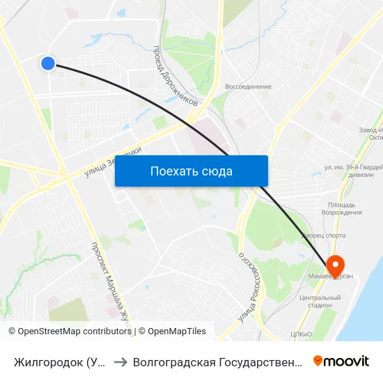 Жилгородок (Ул. Республиканская) to Волгоградская Государственная Академия Физической Культуры map