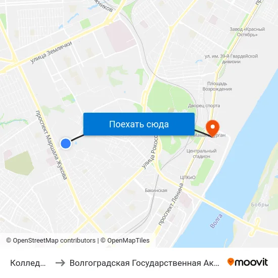 Колледж Бизнеса to Волгоградская Государственная Академия Физической Культуры map