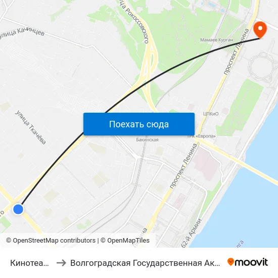 Кинотеатр Родина to Волгоградская Государственная Академия Физической Культуры map