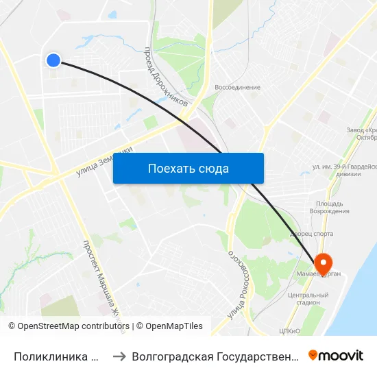 Поликлиника №18 (Ул. Колпинская) to Волгоградская Государственная Академия Физической Культуры map