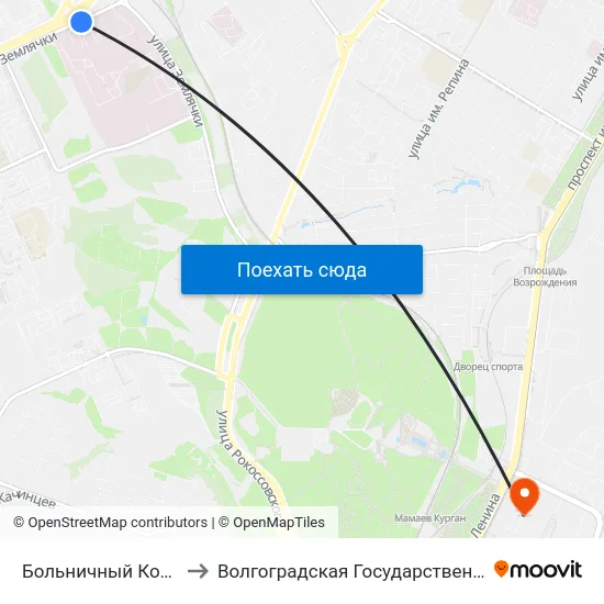 Больничный Комплекс (Ул. Землячки) to Волгоградская Государственная Академия Физической Культуры map