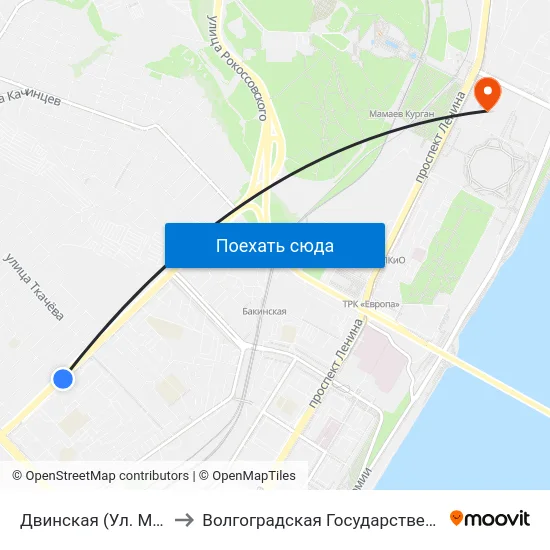 Двинская (Ул. Маршала Рокоссовского) to Волгоградская Государственная Академия Физической Культуры map