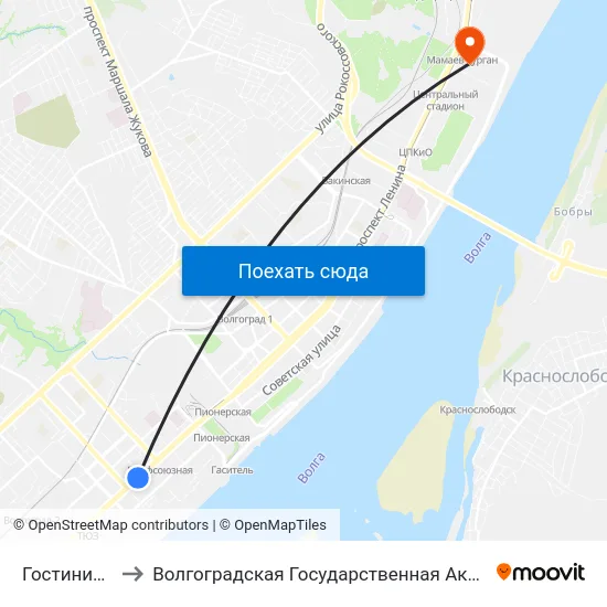 Гостиница Южная to Волгоградская Государственная Академия Физической Культуры map