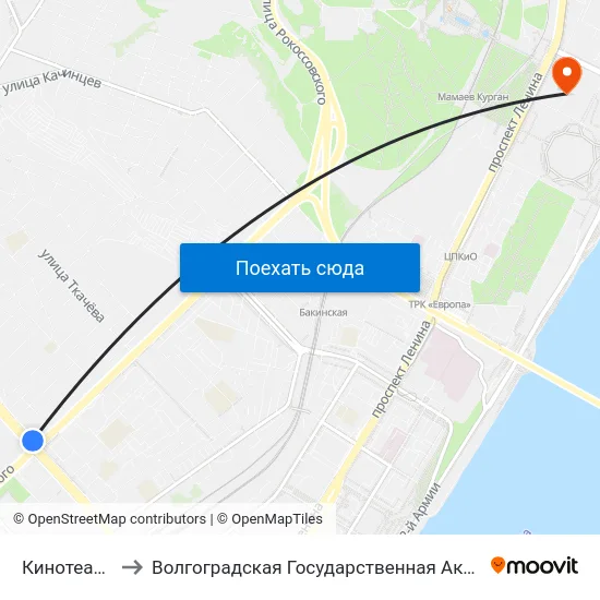 Кинотеатр Родина to Волгоградская Государственная Академия Физической Культуры map