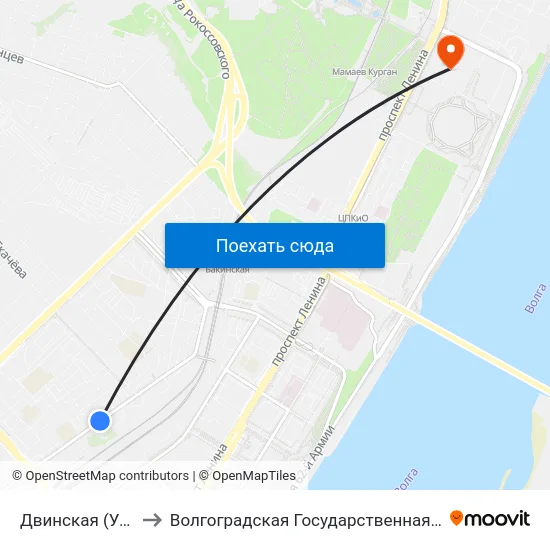 Двинская (Ул. Пархоменко) to Волгоградская Государственная Академия Физической Культуры map