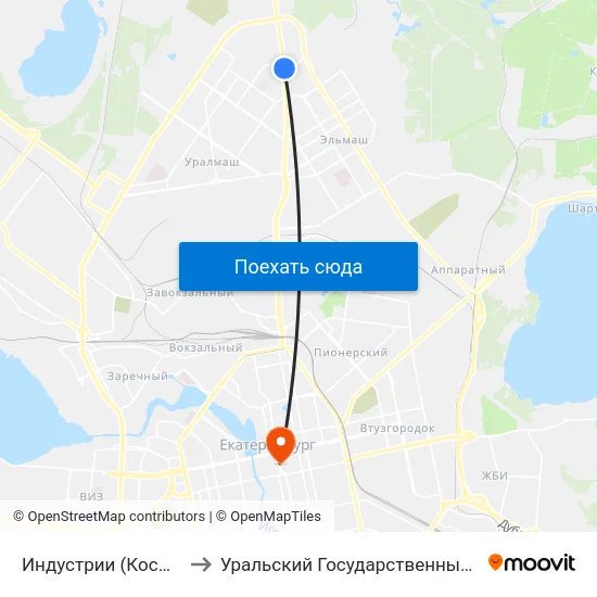 Индустрии (Космонавтов Проспект) to Уральский Государственный Педагогический Университет map