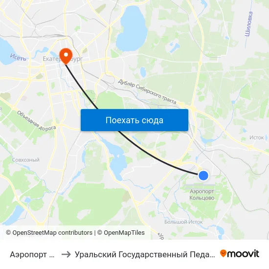 Аэропорт Кольцово to Уральский Государственный Педагогический Университет map