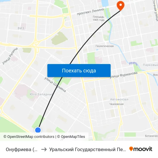 Онуфриева (Ул. Громова) to Уральский Государственный Педагогический Университет map