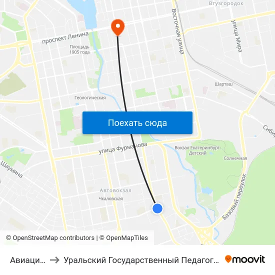 Авиационная to Уральский Государственный Педагогический Университет map