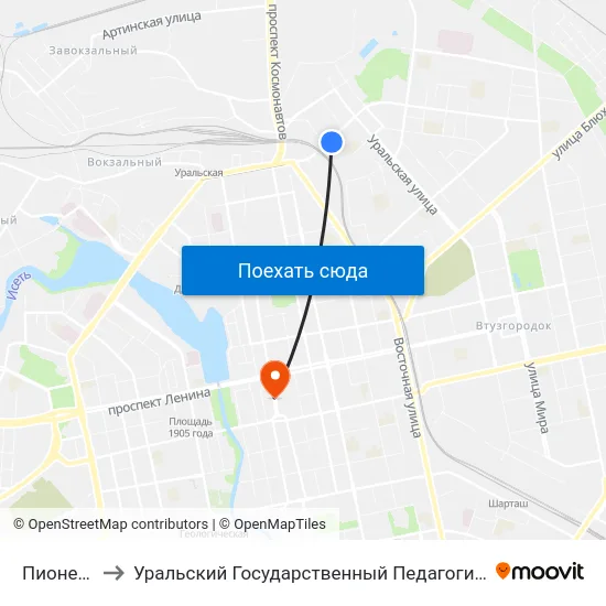Пионерская to Уральский Государственный Педагогический Университет map