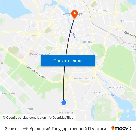 Зенитчиков to Уральский Государственный Педагогический Университет map