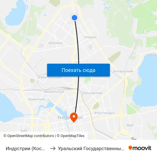 Индустрии (Космонавтов Проспект) to Уральский Государственный Педагогический Университет map