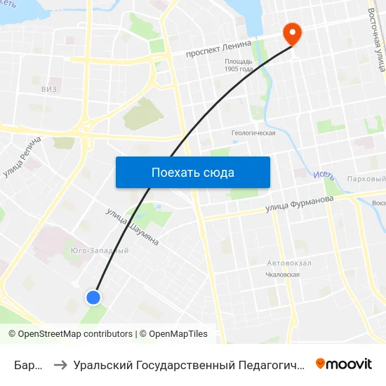Бардина to Уральский Государственный Педагогический Университет map