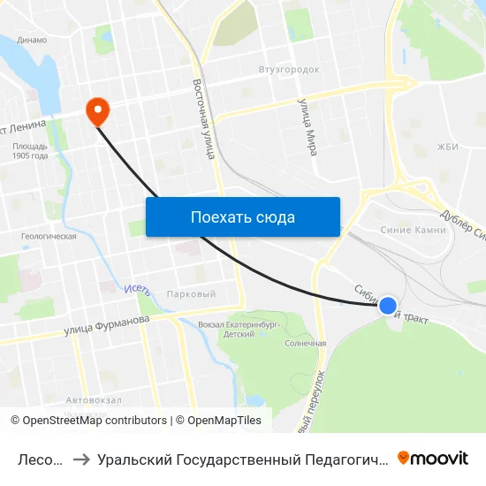 Лесопарк to Уральский Государственный Педагогический Университет map