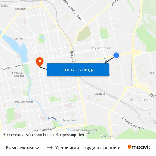 Комсомольская (Ул. Малышева) to Уральский Государственный Педагогический Университет map