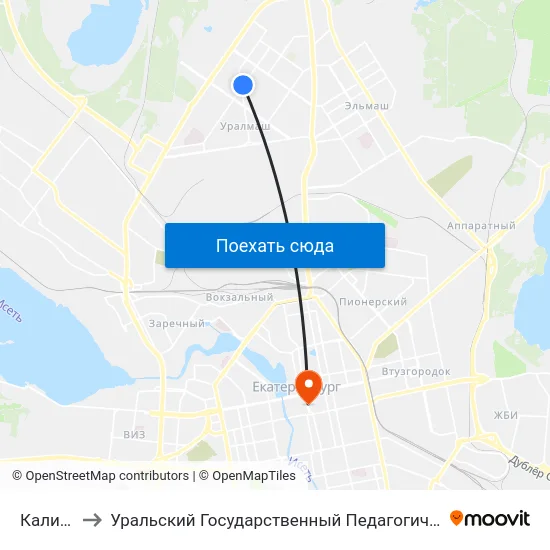 Калинина to Уральский Государственный Педагогический Университет map