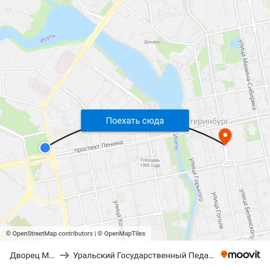 Дворец Молодёжи to Уральский Государственный Педагогический Университет map