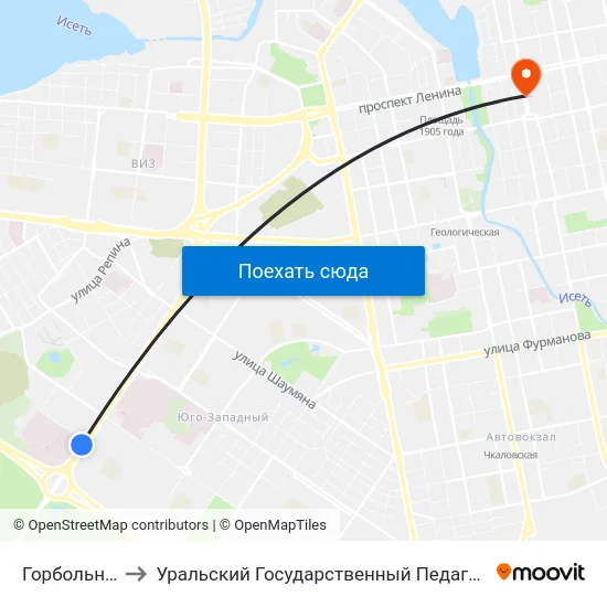 Горбольница №6 to Уральский Государственный Педагогический Университет map