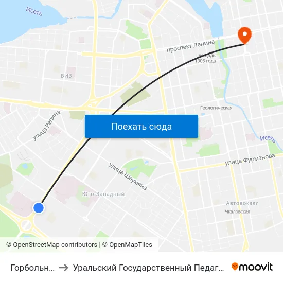 Горбольница №6 to Уральский Государственный Педагогический Университет map