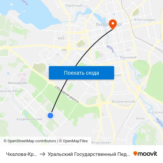 Чкалова-Краснолесье to Уральский Государственный Педагогический Университет map