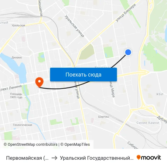 Первомайская (Ул. Студенческая) to Уральский Государственный Педагогический Университет map