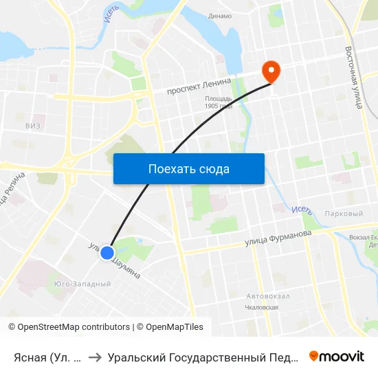 Ясная (Ул. Шаумяна) to Уральский Государственный Педагогический Университет map