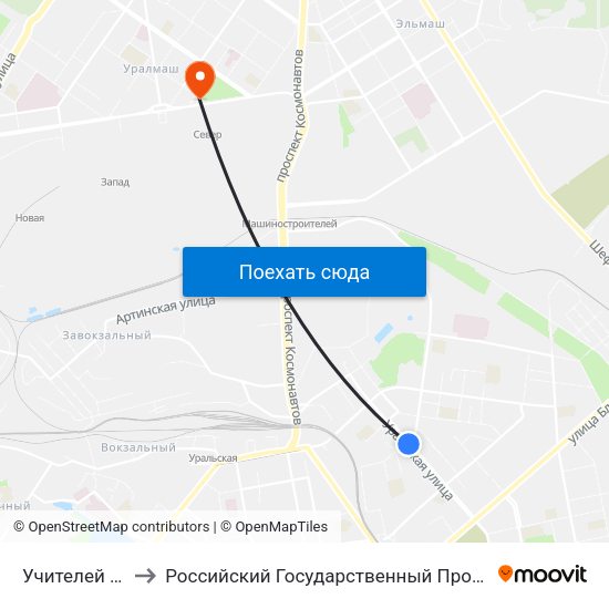 Учителей (Ул. Уральская) to Российский Государственный Профессионально-Педагогический Университет map