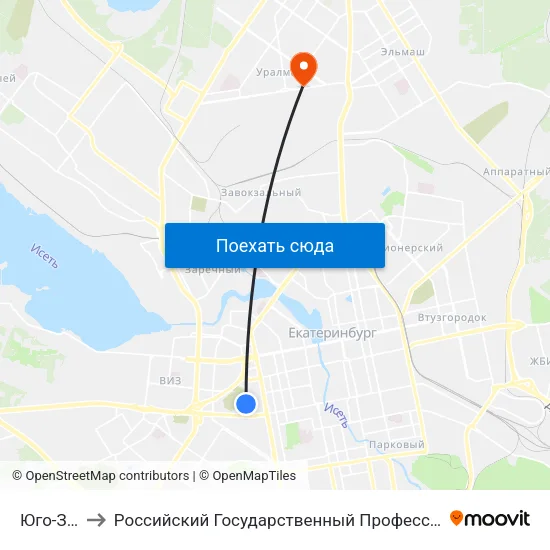 Юго-Западная to Российский Государственный Профессионально-Педагогический Университет map
