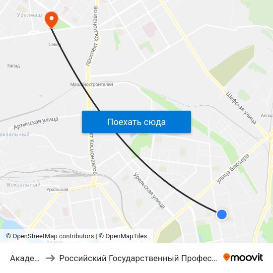 Академическая to Российский Государственный Профессионально-Педагогический Университет map
