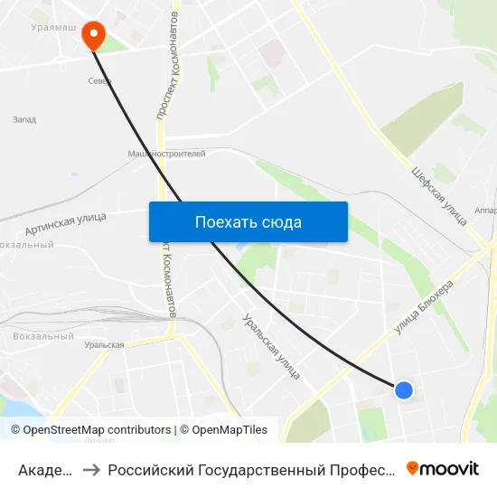 Академическая to Российский Государственный Профессионально-Педагогический Университет map
