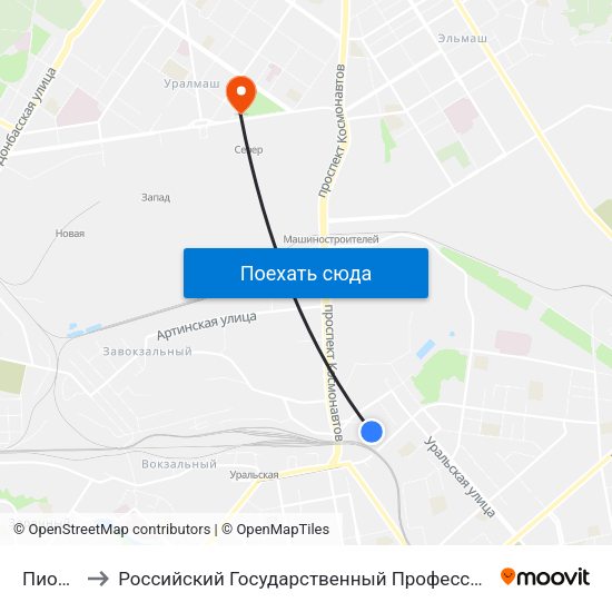 Пионерская to Российский Государственный Профессионально-Педагогический Университет map