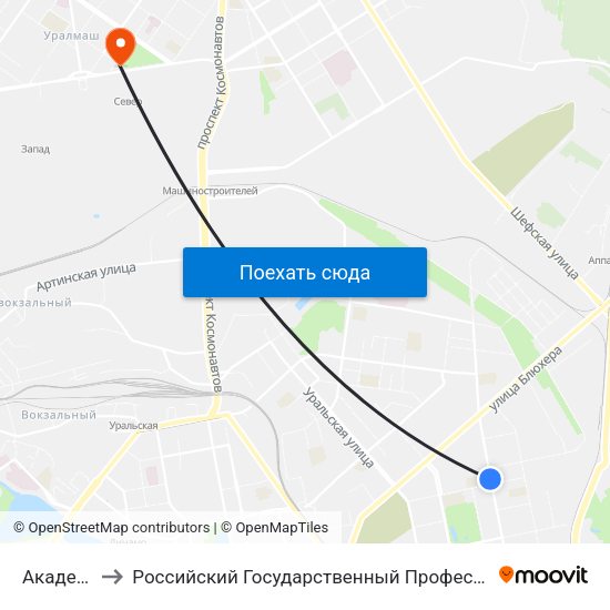 Академическая to Российский Государственный Профессионально-Педагогический Университет map