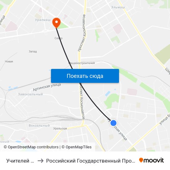 Учителей (Ул. Уральская) to Российский Государственный Профессионально-Педагогический Университет map